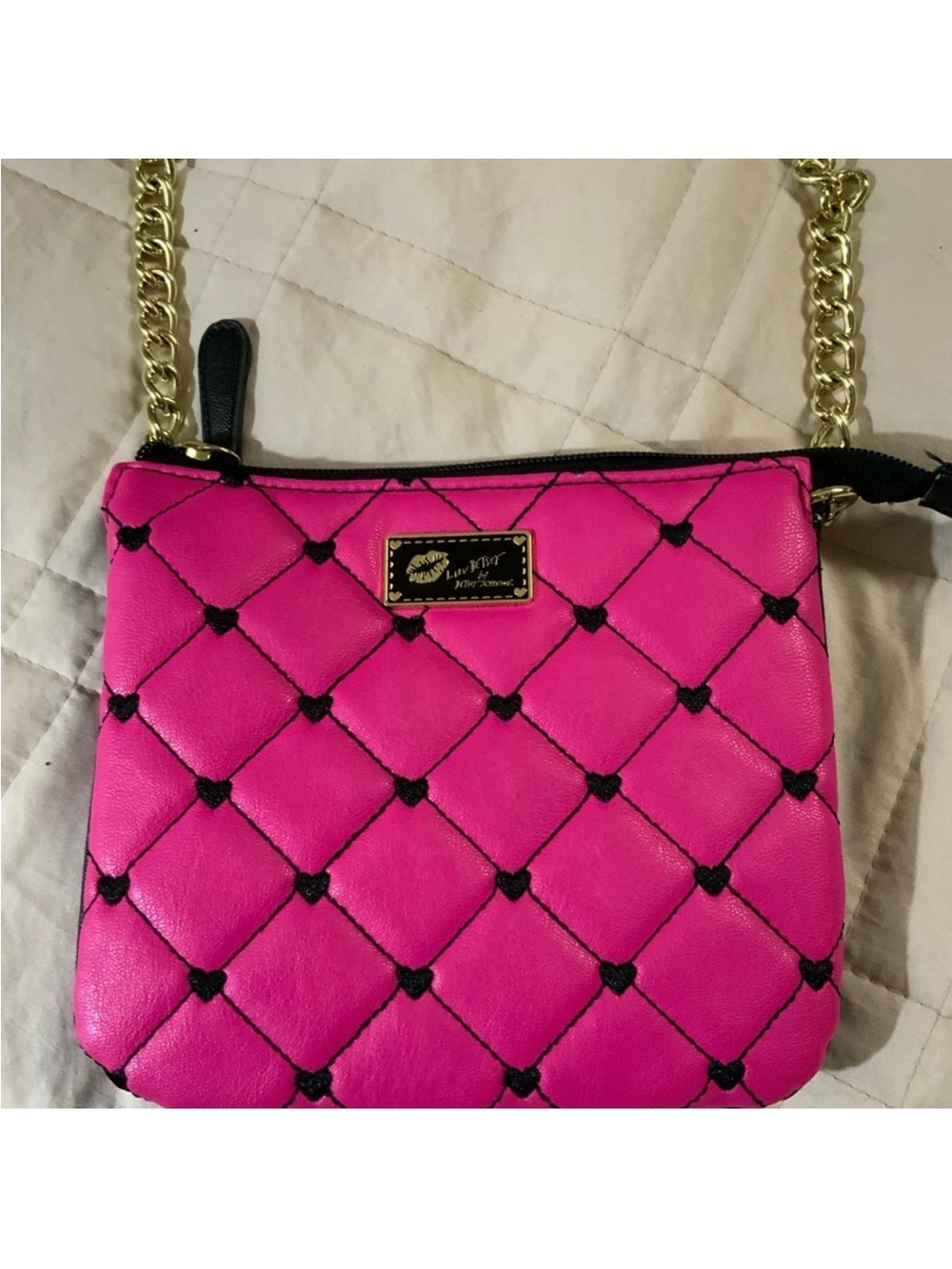 Betsey Johnson Hot Pink Quilted Crossbody with Gold Chain